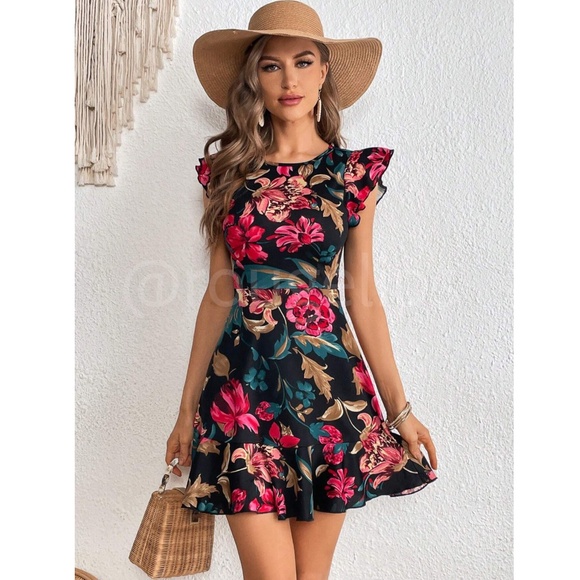 Floral Black Short Fit & Flare Dress Ruffle Trim - Picture 7 of 9